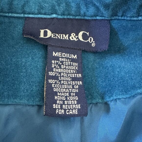 Denim & Co. Teal Blue Women’s Velvet Jacket Size Medium Embroidered Design - Picture 9 of 10